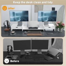 HOMCOM Dual Monitor Stand Riser with Adjustable Length & Angle in White - thumbnail 6