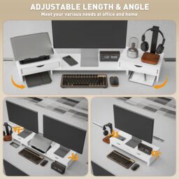 HOMCOM Dual Monitor Stand Riser with Adjustable Length & Angle in White - thumbnail 4