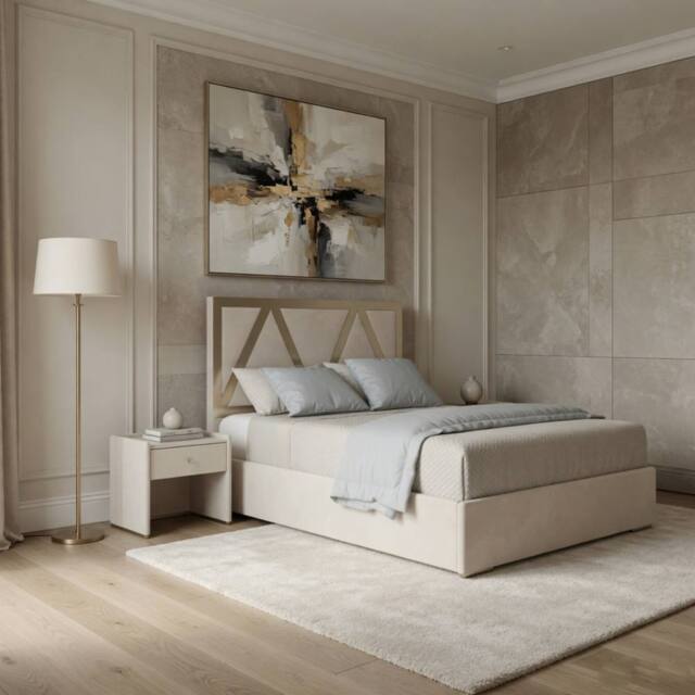 Casani Warrington Upholstered Soft Velvet Beige Metal Designer Bed Frame in Cream - Size: Small Double - image 1