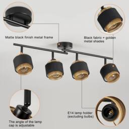 Harper Living 4 Way Ceiling Spotlights, Black & Gold 4xE14 Metal Mesh & Fabric Shade - thumbnail 2