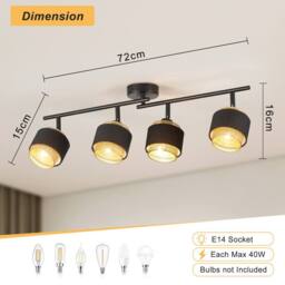 Harper Living 4 Way Ceiling Spotlights, Black & Gold 4xE14 Metal Mesh & Fabric Shade - thumbnail 4