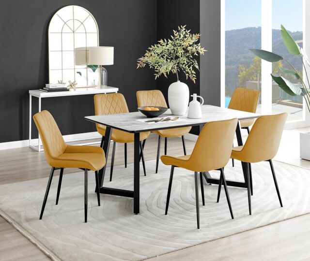 FurnitureboxUK Carson White Marble Effect Dining Table & 6 Pesaro Black Leg Chairs in Mustard - image 1