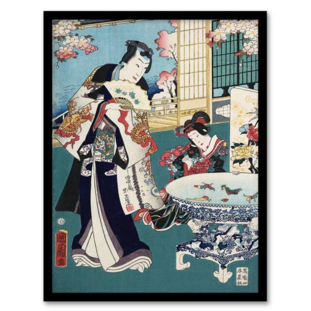 Artery8 Toyohara Kunichika Framed Wall Art Print Spring Outing in a Villa in Blue - Size: A4 - image 1