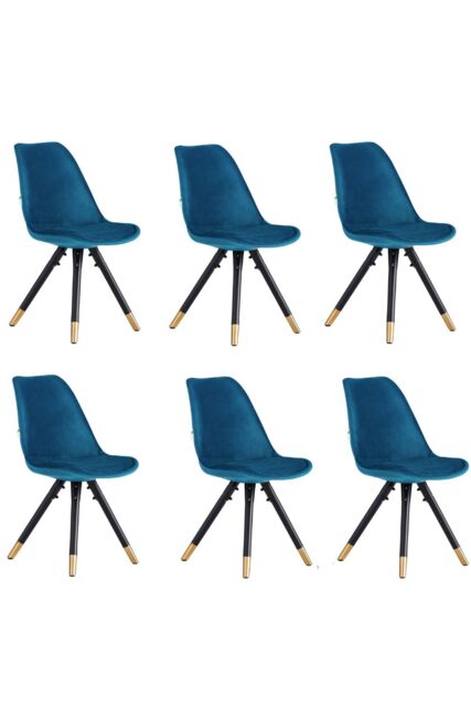 Life Interiors Set of 6 Sofia Ergonomic Modern Dining Chairs Upholstered in Velvet, Metal Legs with Gold End Caps in Blue