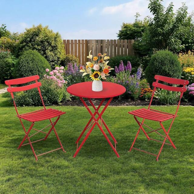 London Boutique Folding 3-Piece Metal Bistro Set Outdoor Patio Round Table & 2 Chairs in Red - image 1