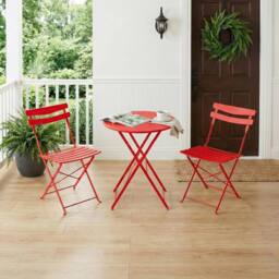 London Boutique Folding 3-Piece Metal Bistro Set Outdoor Patio Round Table & 2 Chairs in Red - thumbnail 6