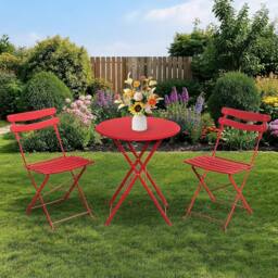 London Boutique Folding 3-Piece Metal Bistro Set Outdoor Patio Round Table & 2 Chairs in Red