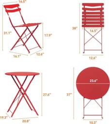 London Boutique Folding 3-Piece Metal Bistro Set Outdoor Patio Round Table & 2 Chairs in Red - thumbnail 3