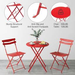 London Boutique Folding 3-Piece Metal Bistro Set Outdoor Patio Round Table & 2 Chairs in Red - thumbnail 4