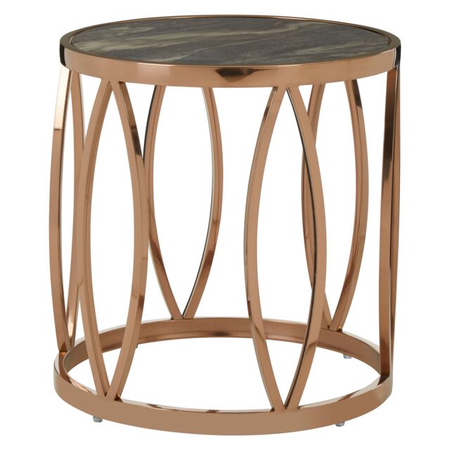 Orsina Round Side Table With Leaf Base, Rose Gold Stainless Steel Frame, Black Faux Marble Top, Luxe End Table - image 1