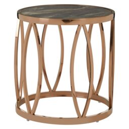 Orsina Round Side Table With Leaf Base, Rose Gold Stainless Steel Frame, Black Faux Marble Top, Luxe End Table