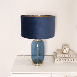 ValueLights Leigh Navy & Gold Glass Table Lamp with Navy Velvet & Gold Inner Shade & Bulb in Dark Navy - thumbnail 3
