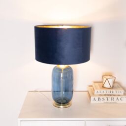 ValueLights Leigh Navy & Gold Glass Table Lamp with Navy Velvet & Gold Inner Shade & Bulb in Dark Navy