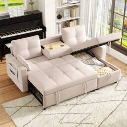 Matteo L-Shaped Corner Sofa Bed - Pull-Out, Storage, Cup Holder - Beige Linen