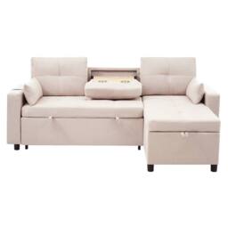 Matteo L-Shaped Corner Sofa Bed - Pull-Out, Storage, Cup Holder - Beige Linen - thumbnail 9