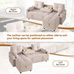 Matteo L-Shaped Corner Sofa Bed - Pull-Out, Storage, Cup Holder - Beige Linen - thumbnail 5