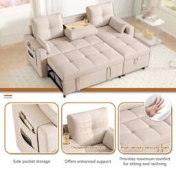 Matteo L-Shaped Corner Sofa Bed - Pull-Out, Storage, Cup Holder - Beige Linen - thumbnail 7