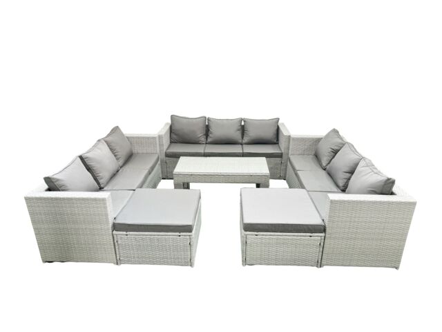 Fimous Rattan Garden Outdoor Furniture Set 11 Seater Garden Sofa Oblong Coffee Table Set with 2 Big Footstools Light Grey Mixed - image 1