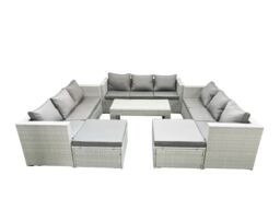 Fimous Rattan Garden Outdoor Furniture Set 11 Seater Garden Sofa Oblong Coffee Table Set with 2 Big Footstools Light Grey Mixed - thumbnail 1