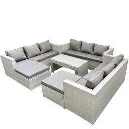 Fimous Rattan Garden Outdoor Furniture Set 11 Seater Garden Sofa Oblong Coffee Table Set with 2 Big Footstools Light Grey Mixed - thumbnail 2