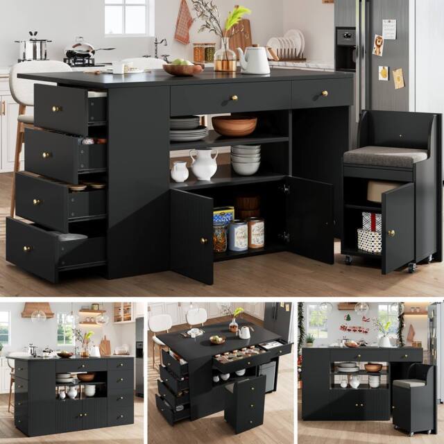 Rolipo Kitchen Island with Stools & 6 Drawers, 140cm, White/Black in Black - image 1