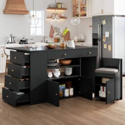 Rolipo Kitchen Island with Stools & 6 Drawers, 140cm, White/Black in Black - thumbnail 4