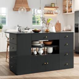 Rolipo Kitchen Island with Stools & 6 Drawers, 140cm, White/Black in Black - thumbnail 5