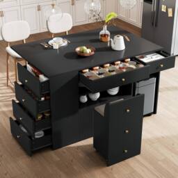 Rolipo Kitchen Island with Stools & 6 Drawers, 140cm, White/Black in Black - thumbnail 3