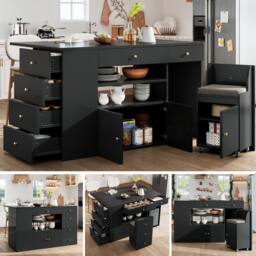 Rolipo Kitchen Island with Stools & 6 Drawers, 140cm, White/Black in Black - thumbnail 1