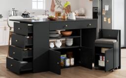Rolipo Kitchen Island with Stools & 6 Drawers, 140cm, White/Black in Black - thumbnail 7