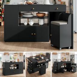 Rolipo Kitchen Island with Stools & 6 Drawers, 140cm, White/Black in Black - thumbnail 6