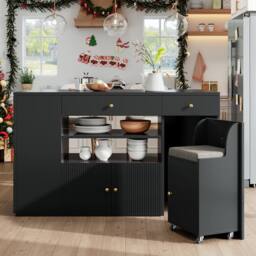 Rolipo Kitchen Island with Stools & 6 Drawers, 140cm, White/Black in Black - thumbnail 2