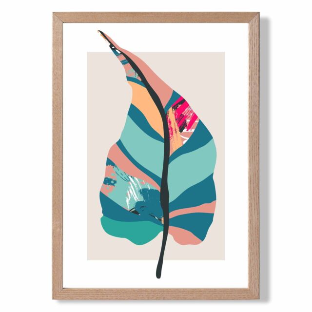 ARTZE Tropical Plant Blue & Pink Boho Botanical Framed Print SIZE: A3 with Oak Frame in Mid Blue - Size: A4 - image 1