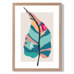 ARTZE Tropical Plant Blue & Pink Boho Botanical Framed Print SIZE: A3 with Oak Frame in Mid Blue - Size: A4 - thumbnail 1