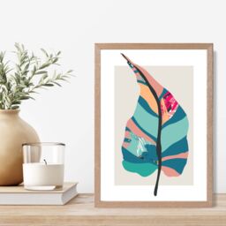 ARTZE Tropical Plant Blue & Pink Boho Botanical Framed Print SIZE: A3 with Oak Frame in Mid Blue - Size: A4 - thumbnail 2