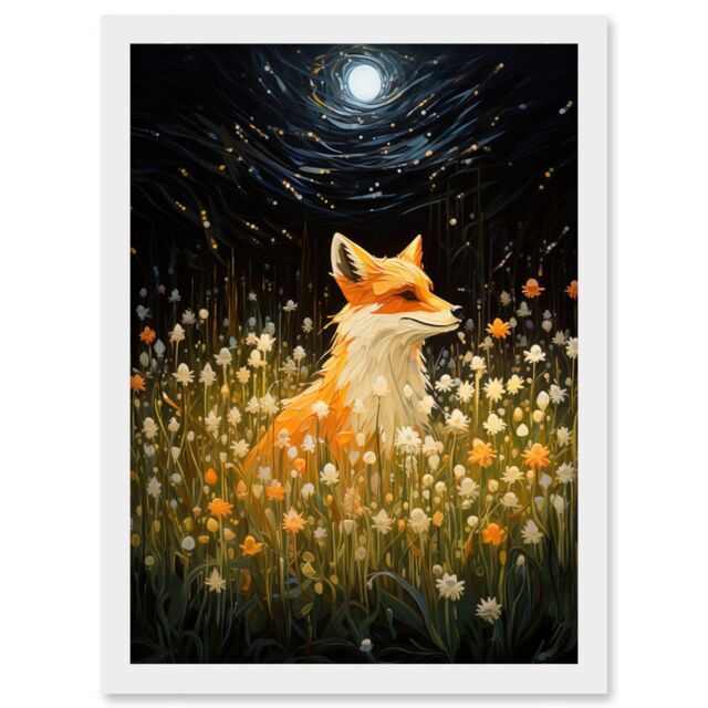 Artery8 Wall Art Print Watching the Fireflies Dance Happy Fox over a Wildflower Meadow Oil Painting Orange White Blue Full Moon Spring Night Dreamy - image 1