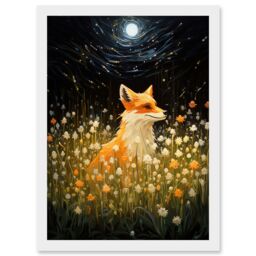 Artery8 Wall Art Print Watching the Fireflies Dance Happy Fox over a Wildflower Meadow Oil Painting Orange White Blue Full Moon Spring Night Dreamy - thumbnail 1