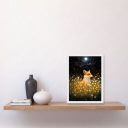 Artery8 Wall Art Print Watching the Fireflies Dance Happy Fox over a Wildflower Meadow Oil Painting Orange White Blue Full Moon Spring Night Dreamy - thumbnail 2