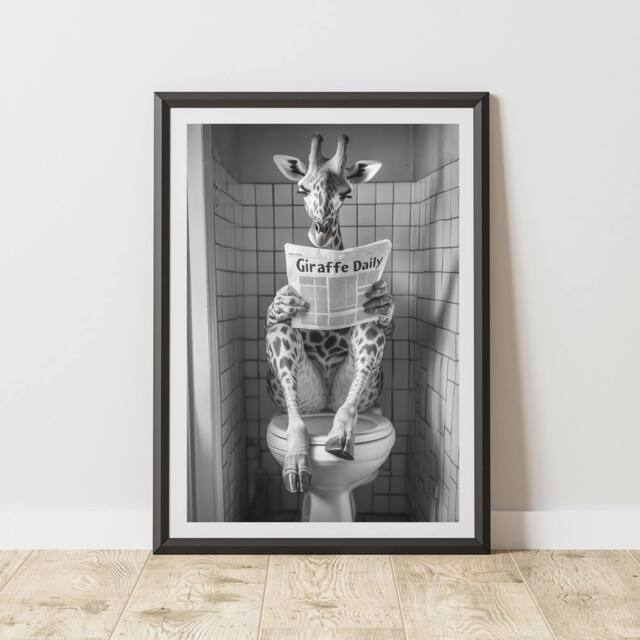 60 SECOND MAKEOVER Giraffe Reading Paper On Toilet Quirky Animal Print - Size: A4 - image 1