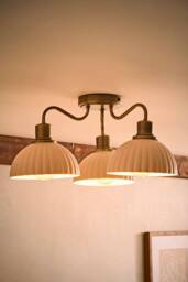 ValueLights Bourton Cream Ribbed Dome 3 Arm Ceiling Pendant Light with Bulbs in Gold