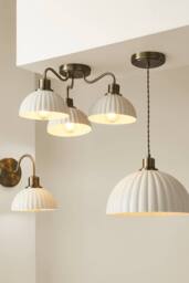 ValueLights Bourton Cream Ribbed Dome 3 Arm Ceiling Pendant Light with Bulbs in Gold - thumbnail 6
