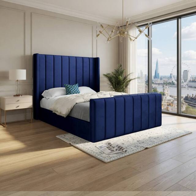 KDMD Stretton Winged Upholstered Blue Soft Velvet Designer Bed Frame - Size: Single - image 1