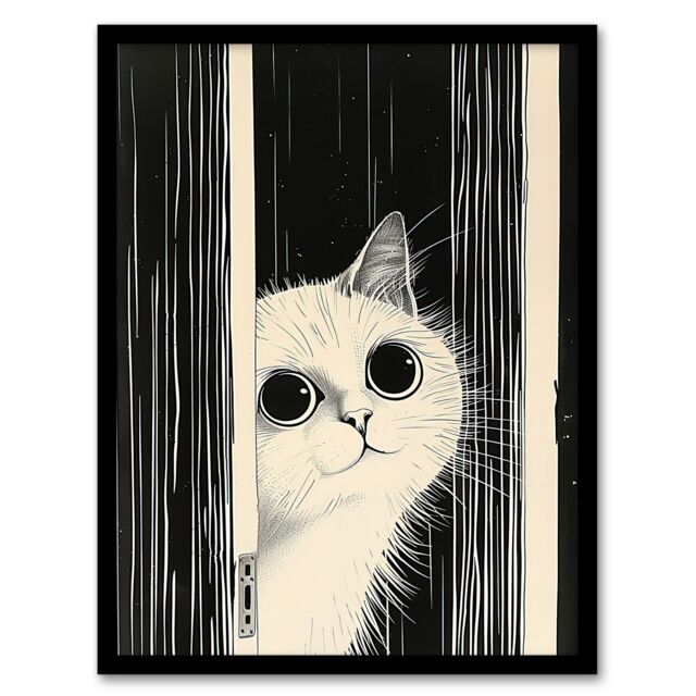 "Artery8 Cute Kitty Black White Cat Lover Pet Painting Framed Wall Art - Size: W12"" x H16""" - image 1