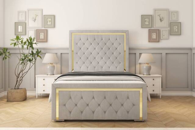 "Sloomy Sofia Gold Naples Frame-Mattress - 50"" Upholstered Headboard in Silver - Size: Small Double" - image 1