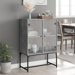 Berkfield Home Side Cabinet with Glass Doors Concrete Grey 69x37x100 cm - Size: 69 x 37 x 100 cm - thumbnail 3