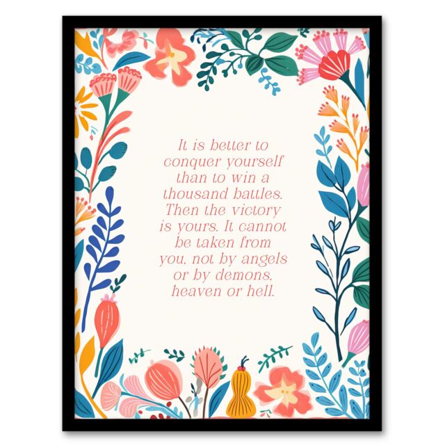 Artery8 Wall Art Print Conquer Yourself Buddhist Mindfulness Quote Floral Buddha Framed Art - Size: A4 - image 1