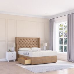 "Sloomy Dior Naples Wingback Bed Set, 2 Drawers & 54"" Floor Standing Headboard in Light Sand - Size: King" - thumbnail 1