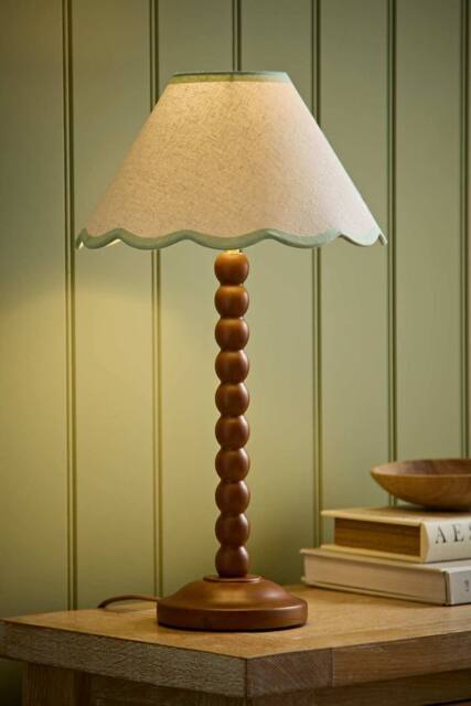 ValueLights Bobbin Colour Trim Linen Shade Walnut Bobble Table Lamp in Pale Green - image 1