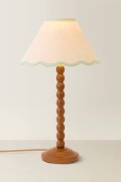 ValueLights Bobbin Colour Trim Linen Shade Walnut Bobble Table Lamp in Pale Green - thumbnail 3