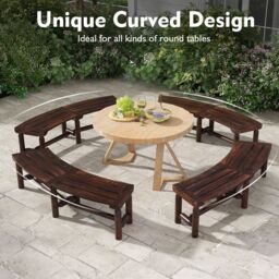 Costway Garden Curved Bench Patio Carbonized Wood Dining Bench Loveseat in Brown - thumbnail 5